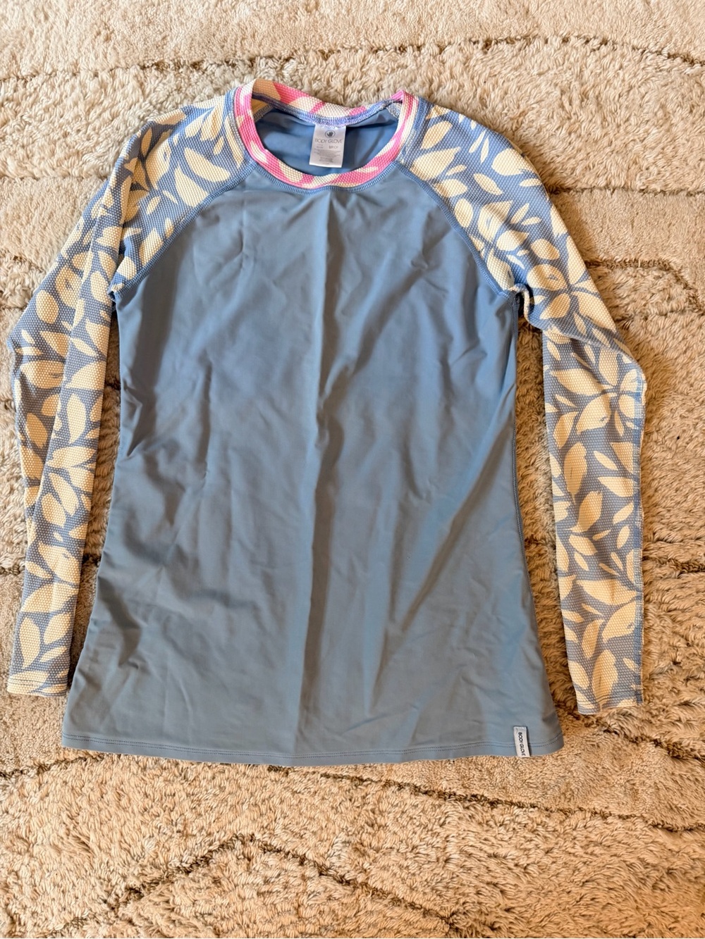 Long-Sleeve Rash Guard Swim Top - Blue with Leaf-Print Sleeves
